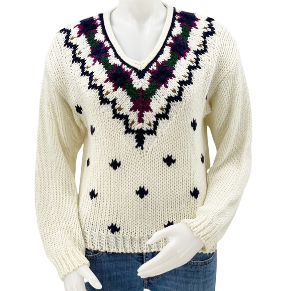 Vintage Sweaters - Vintage V-Neck Sweater Creamy White with Floral Detail Knitted by Hand,Currants
